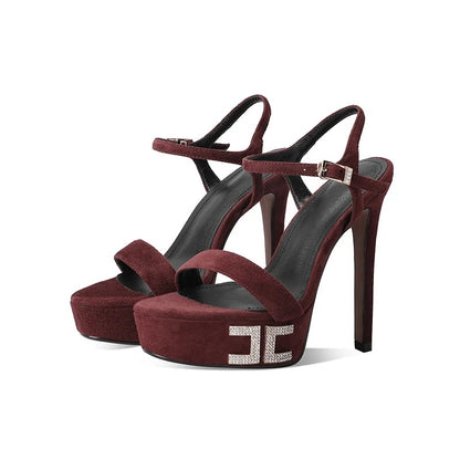 Women's Pink Suede Platform Crystal Heel Sandals