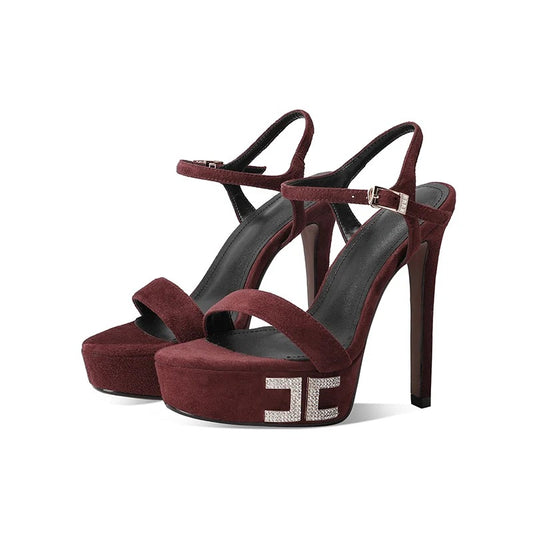 Women's Pink Suede Platform Crystal Heel Sandals