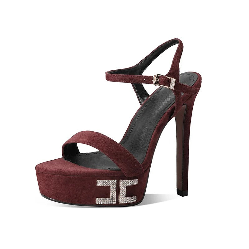 Women's Pink Suede Platform Crystal Heel Sandals
