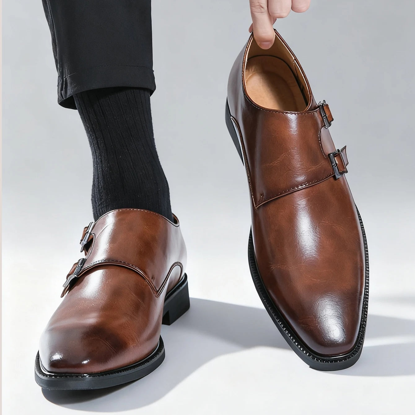Men's Pointed-Toe Monk Strap Leather Dress Shoe