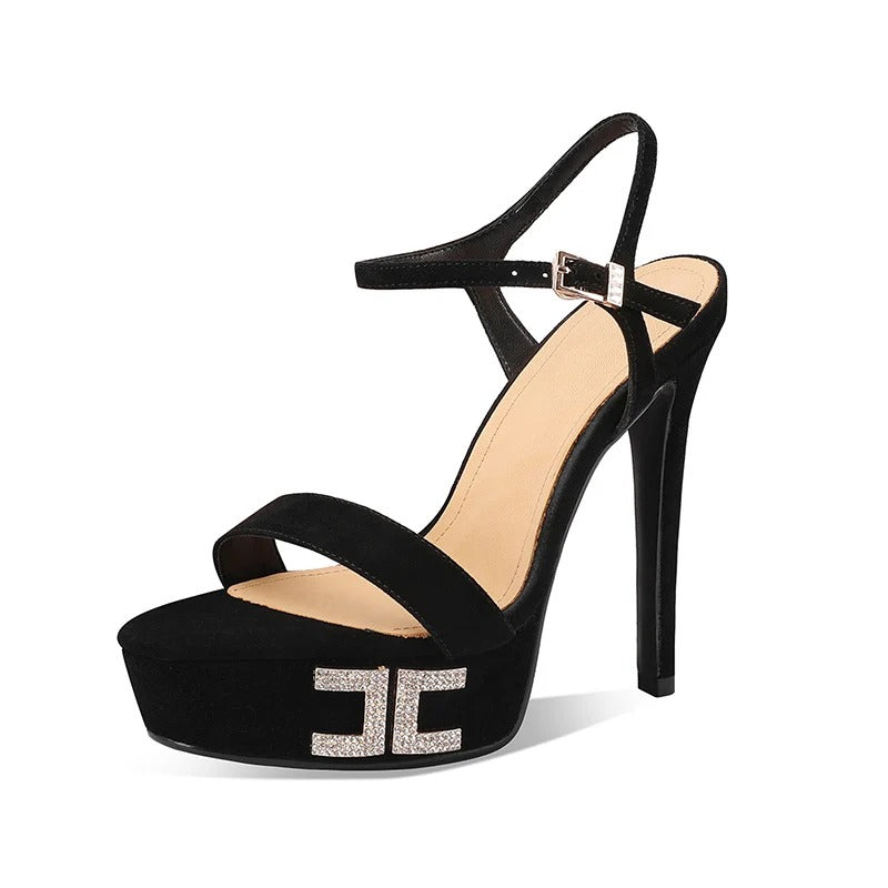 Women's Pink Suede Platform Crystal Heel Sandals