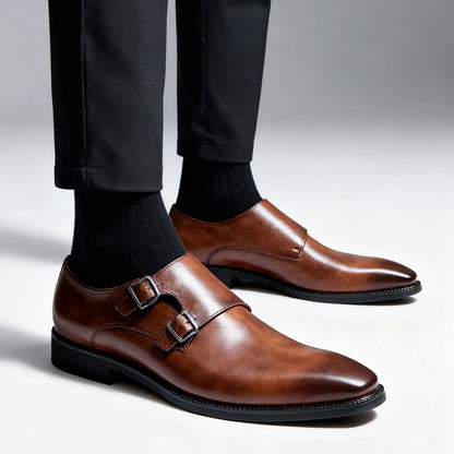 Men's Pointed-Toe Monk Strap Leather Dress Shoe