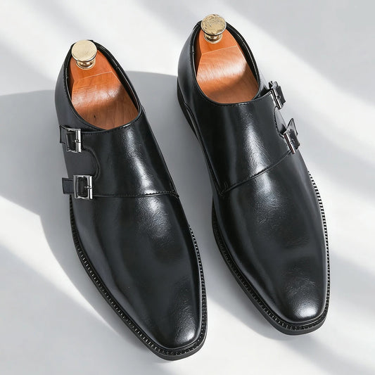 Men's Pointed-Toe Monk Strap Leather Dress Shoe